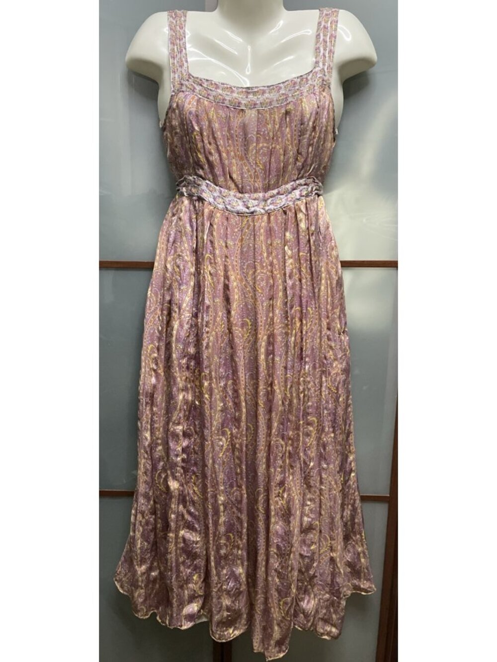 Anna Sui Vintage Y2K Silk Chiffon Paisley Metallic Maxi Dress 8 Peasant Cottage